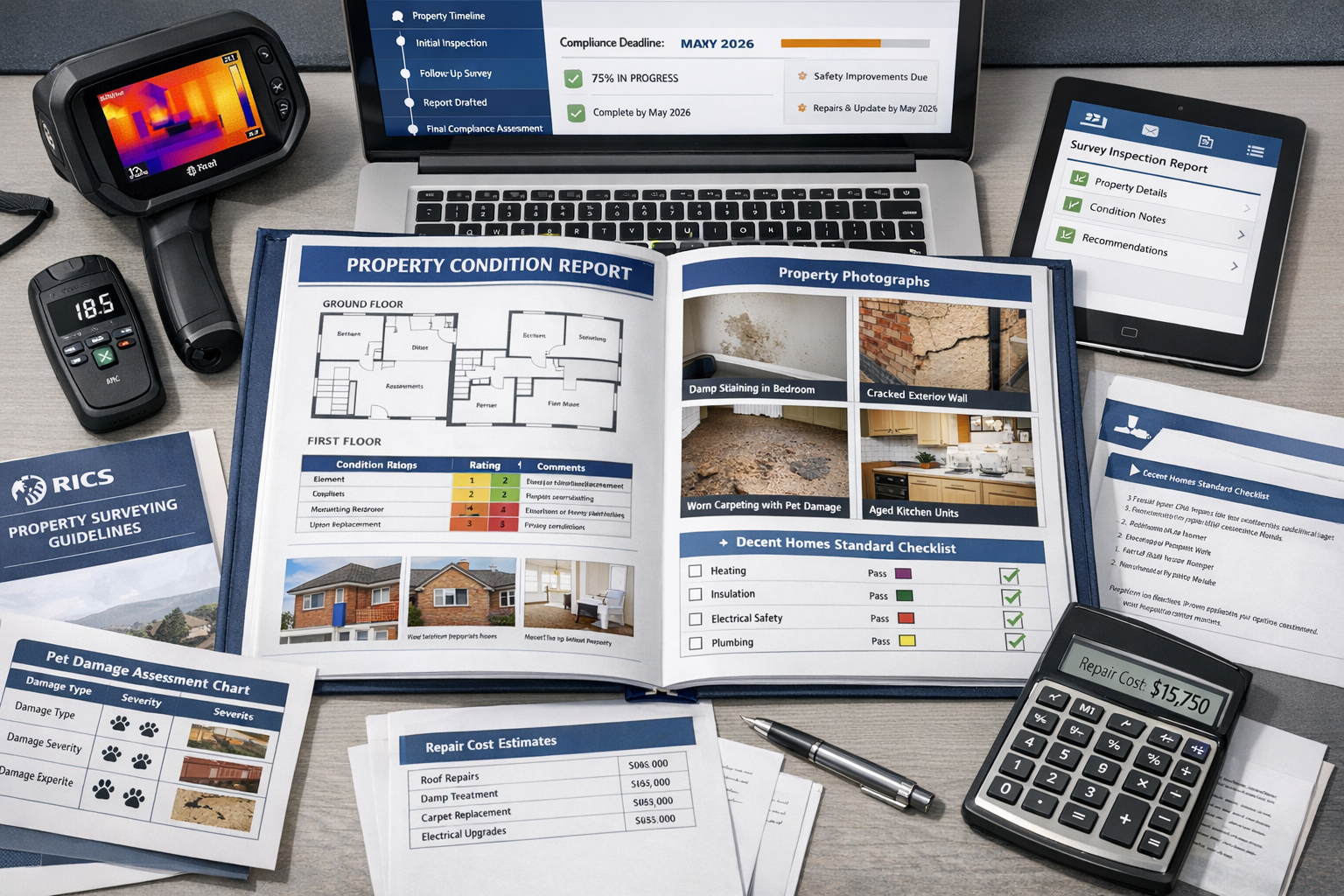 Detailed () image showing comprehensive property condition report documentation spread across modern desk surface. Central