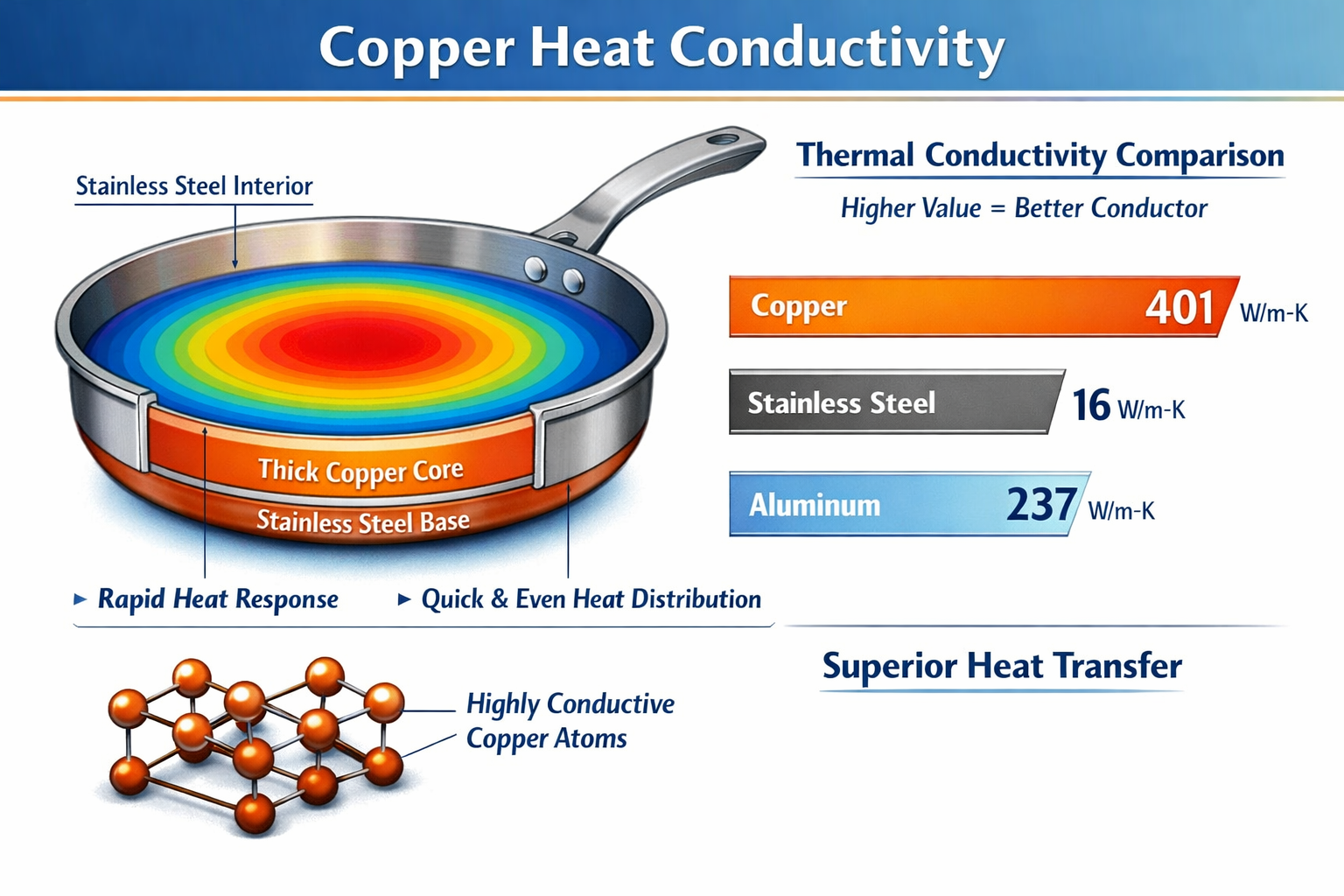 Landscape format (1536x1024) scientific infographic illustrating copper heat conductivity properties with cross-section diagram of copper co