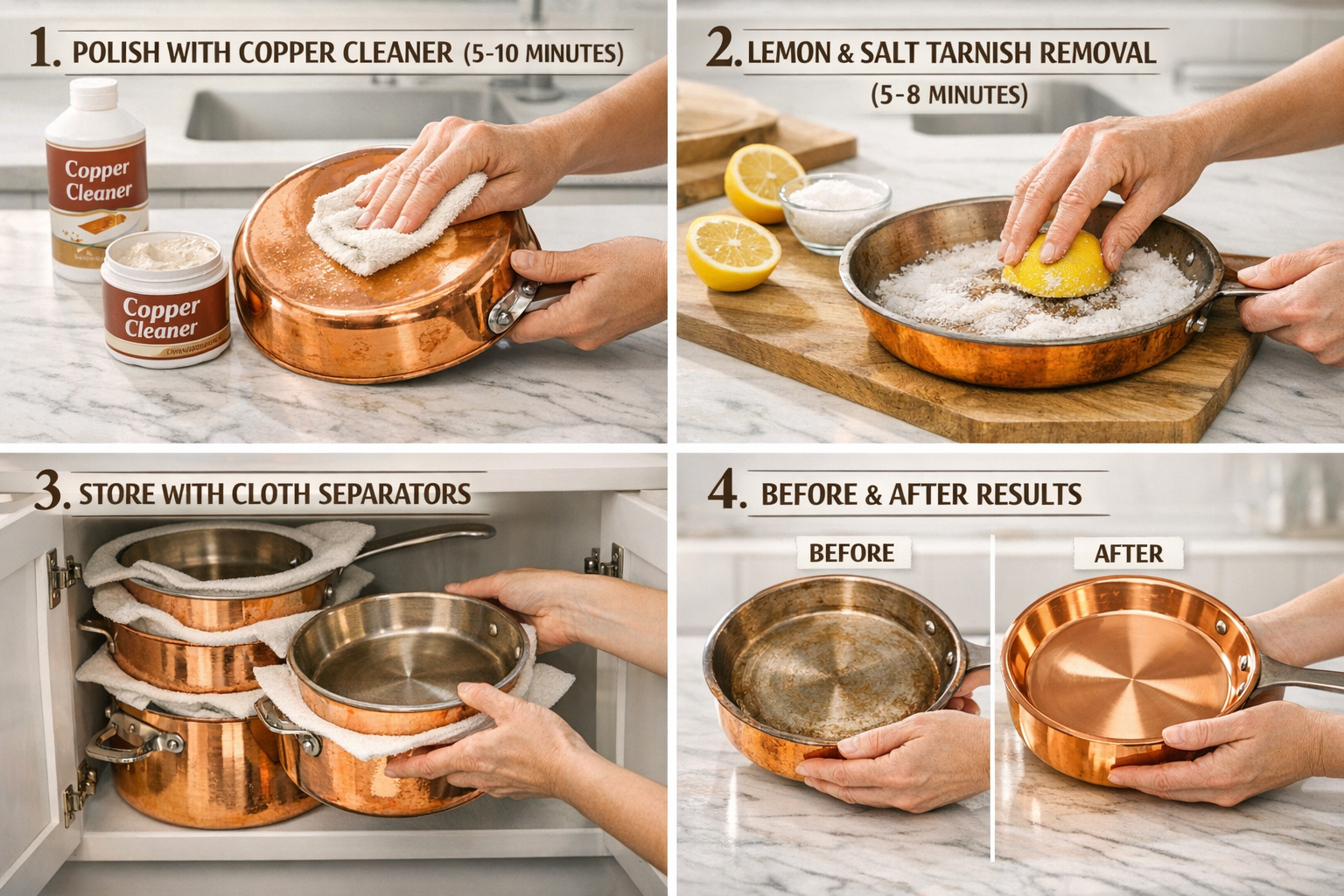 Landscape format (1536x1024) step-by-step maintenance guide visual showing copper cookware care process in four sequential panels: polishing