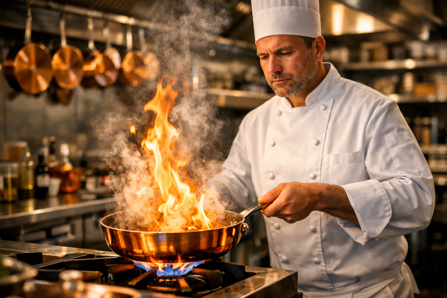 Landscape format (1536x1024) lifestyle image of professional chef in commercial kitchen using copper sauté pan over gas flame, capturing act