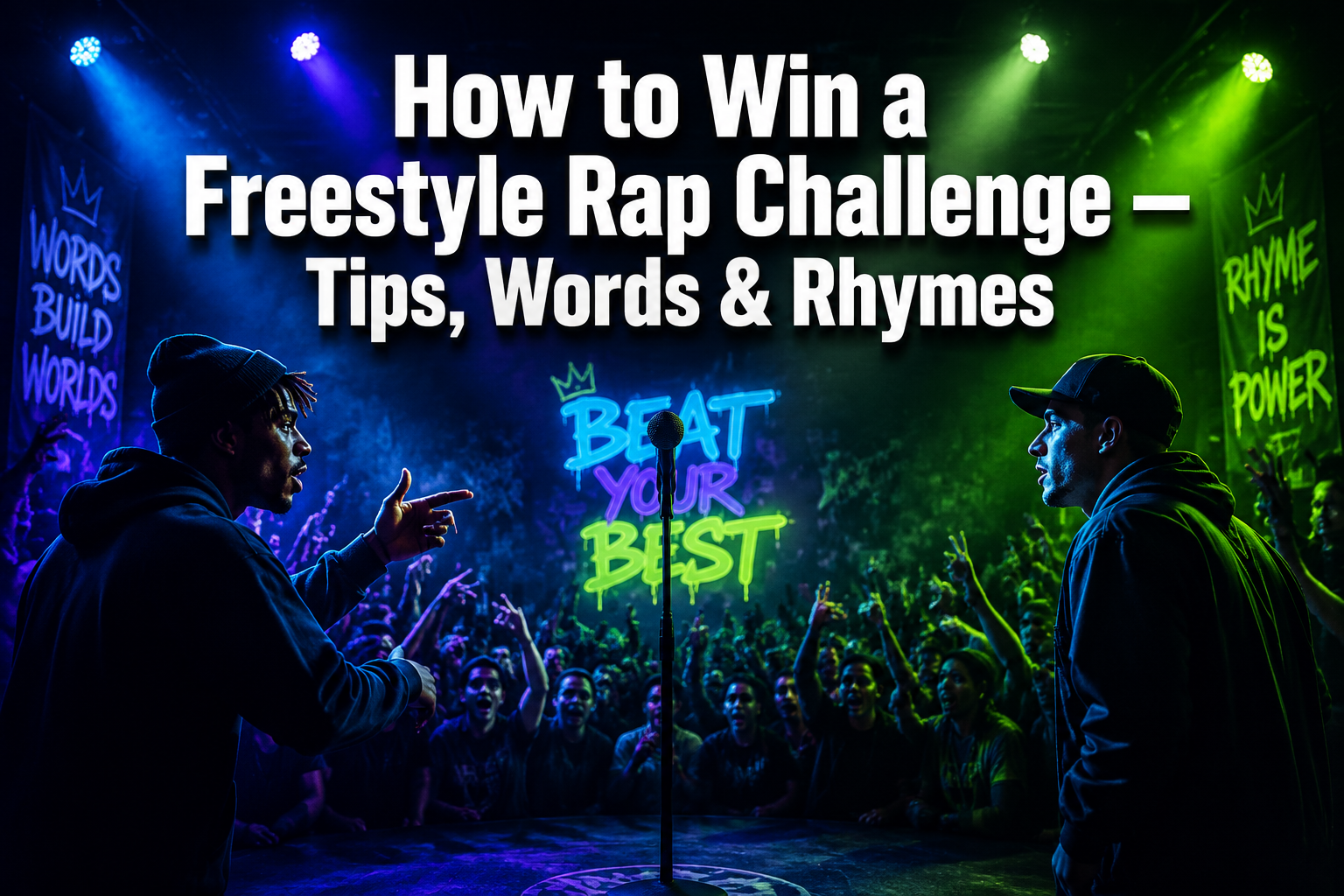 Professional () hero image with : 'How to Win a Freestyle Rap Challenge — Tips, Words & Rhymes', centered in the upper