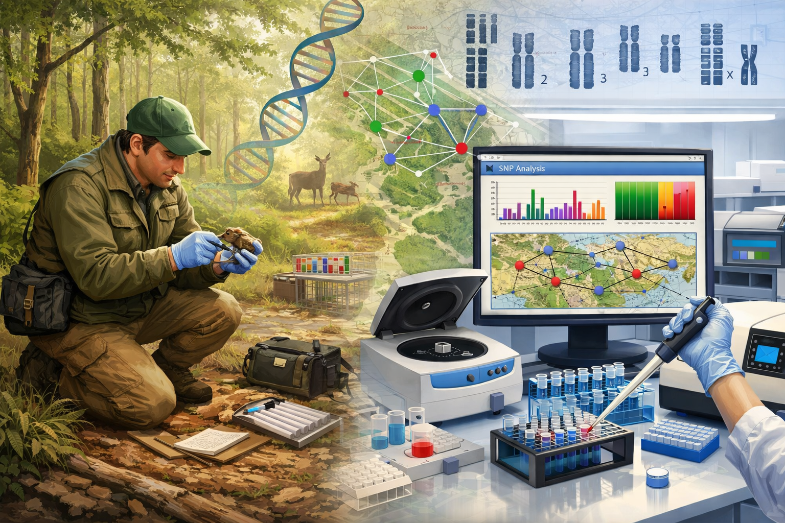 () detailed illustration showing DNA sampling equipment and genetic analysis workflow for wildlife corridor assessment.