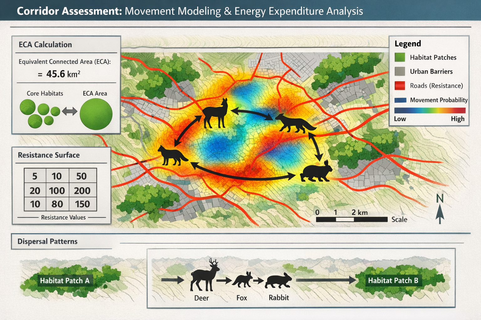 () technical diagram showing movement modeling and energy expenditure analysis for corridor assessment. Central focus on