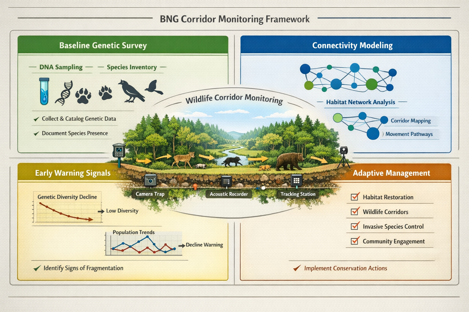 () comprehensive BNG corridor monitoring framework visualization showing integrated assessment protocol stages. Flowchart