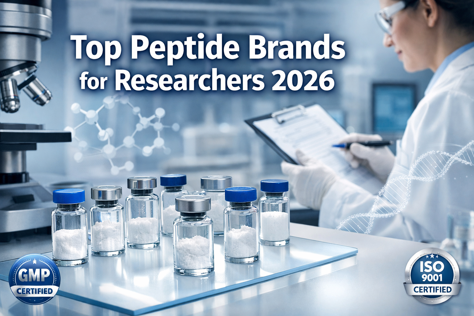 Professional landscape format (1536x1024) hero image featuring bold text overlay 'Top Peptide Brands for Researchers 2026' in extra large 72