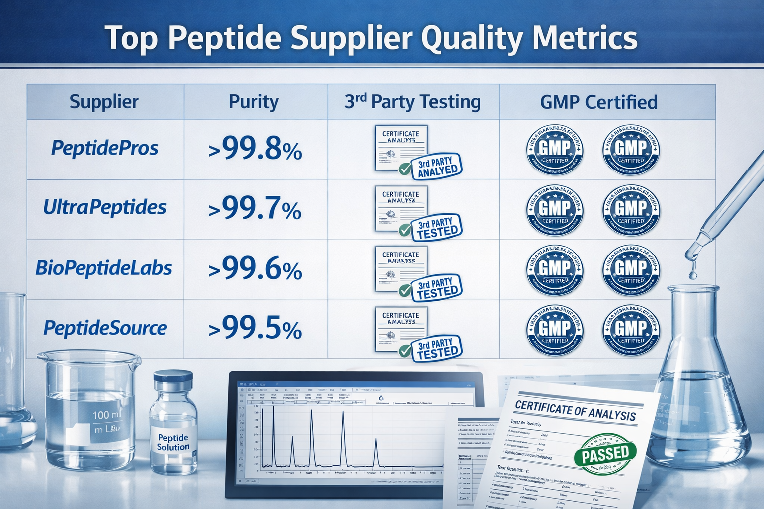 Detailed landscape format (1536x1024) image showing comparison chart of top peptide supplier quality metrics including purity percentages ab