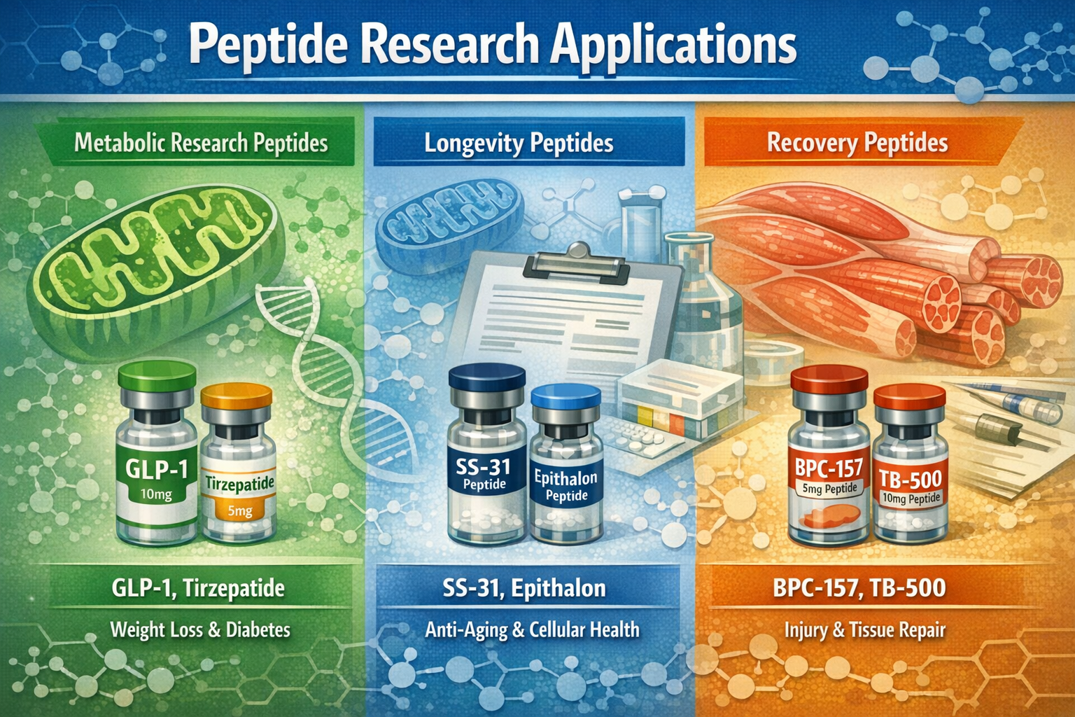 Landscape format (1536x1024) infographic displaying peptide research applications across different categories: metabolic research peptides l
