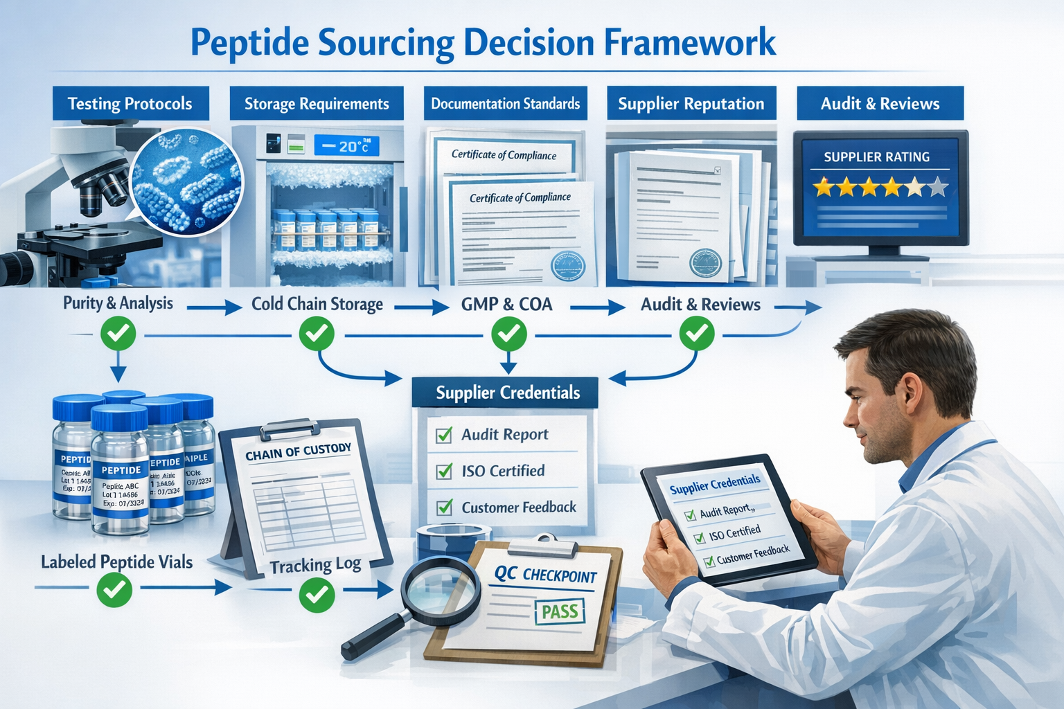 Detailed landscape format (1536x1024) image depicting peptide sourcing decision framework with visual flowchart showing key considerations: 