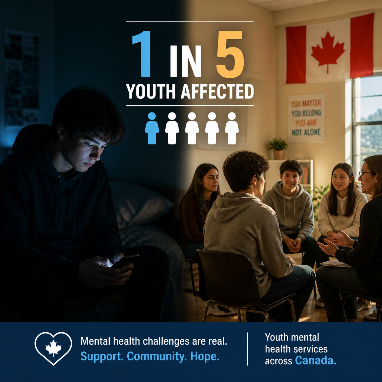 () editorial illustration showing a split-screen concept: left side depicts a young person sitting alone in a dark room