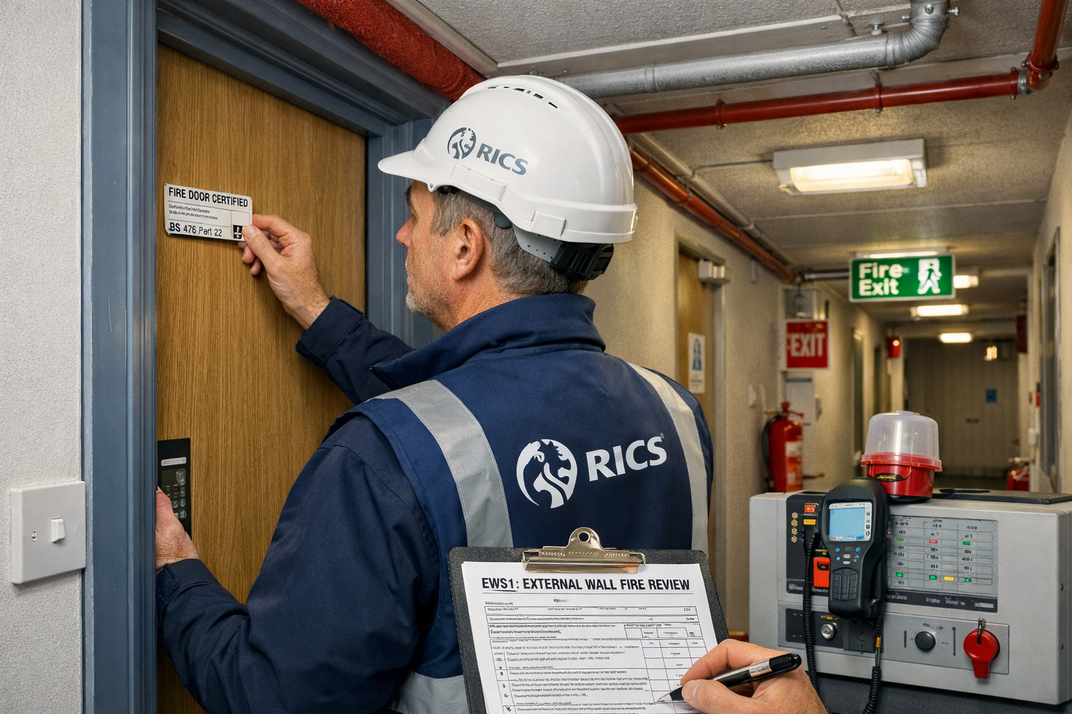 Detailed landscape format (1536x1024) image showing RICS chartered surveyor conducting comprehensive fire risk assessment in multi-occupancy