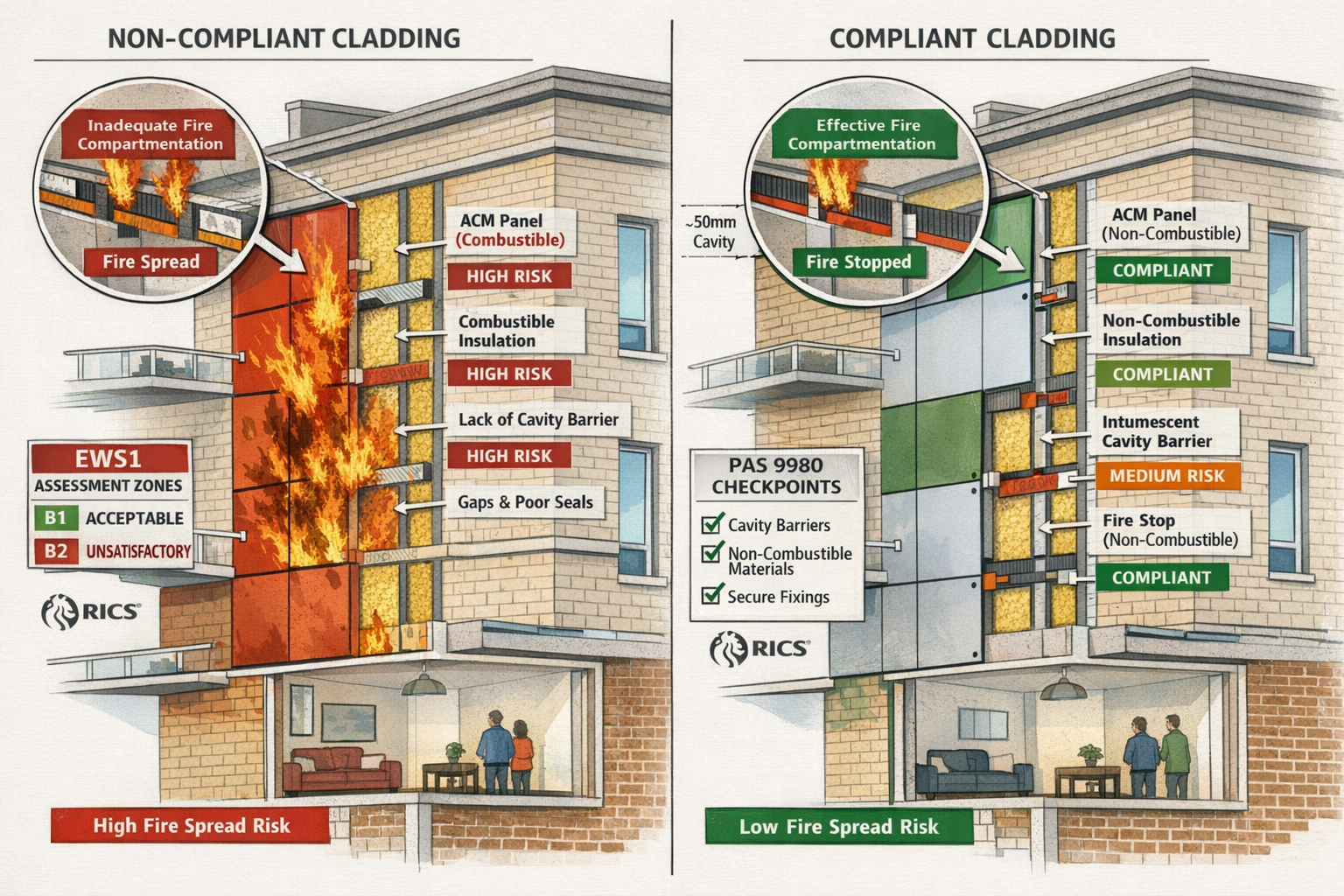 Detailed landscape format (1536x1024) technical illustration showing cross-section diagram of multi-storey residential building external wal
