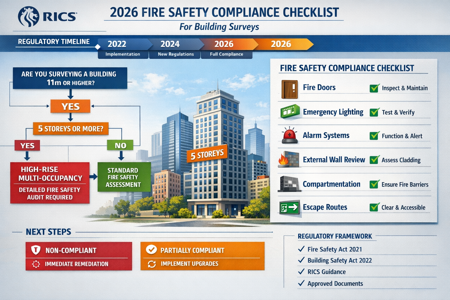 Detailed landscape format (1536x1024) comprehensive infographic showing 2026 fire safety compliance checklist for building surveys. Visual l
