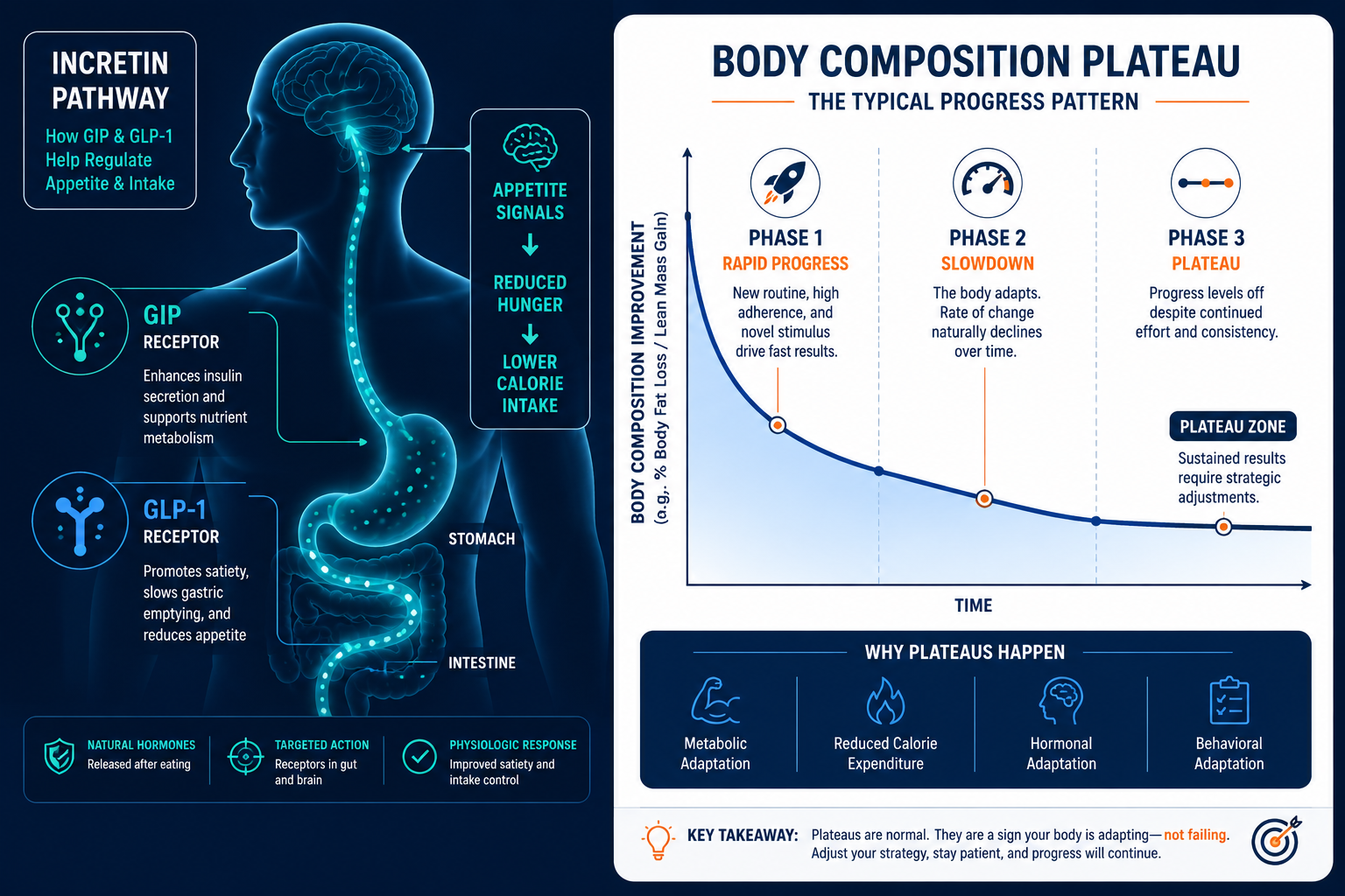 Detailed () informational illustration showing a split-scene concept: on the left, a human silhouette with metabolic pathway