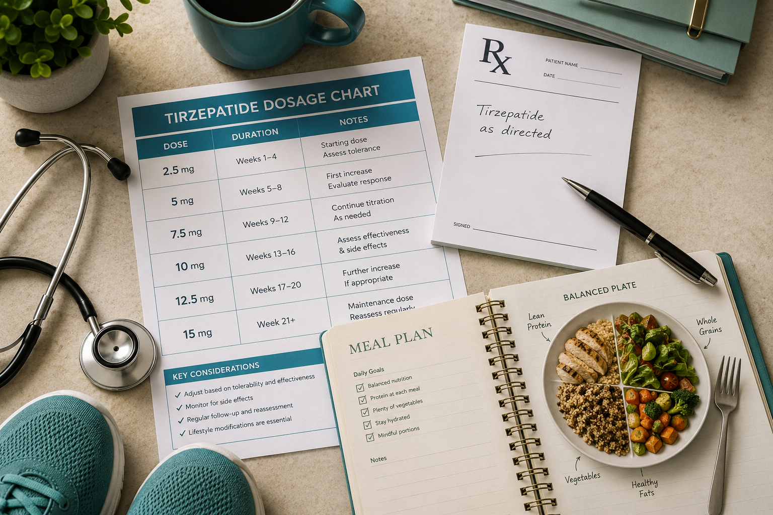 Detailed () showing a top-down flat-lay scene of a doctor's consultation desk: a printed tirzepatide dosage chart, a
