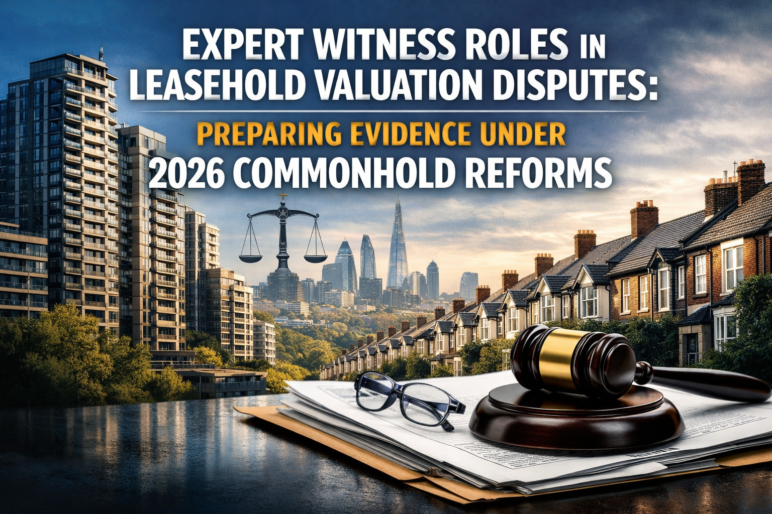 Professional landscape hero image () with : "Expert Witness Roles in Leasehold Valuation Disputes: Preparing Evidence Under