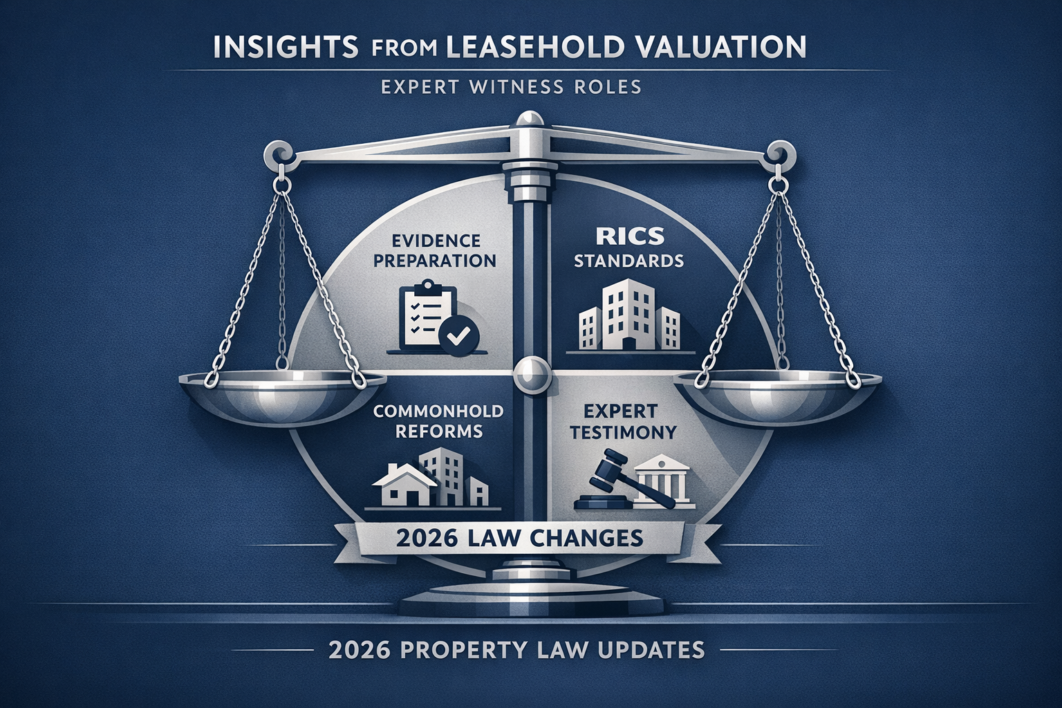 Conceptual infographic illustrating key takeaways from leasehold valuation expert witness roles, featuring stylized legal