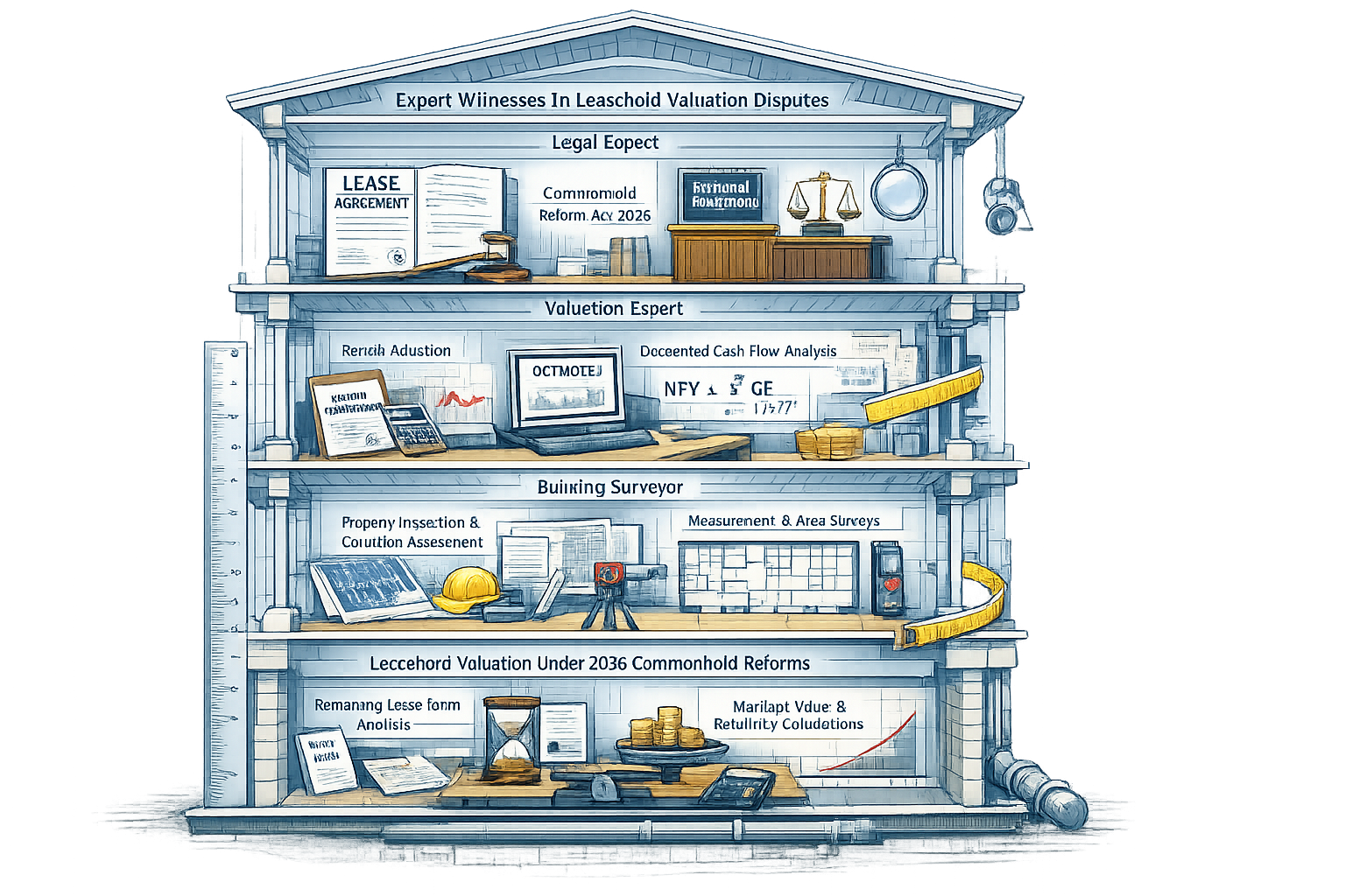 Detailed architectural cross-section visualization showing layers of expert witness roles in leasehold valuation disputes,
