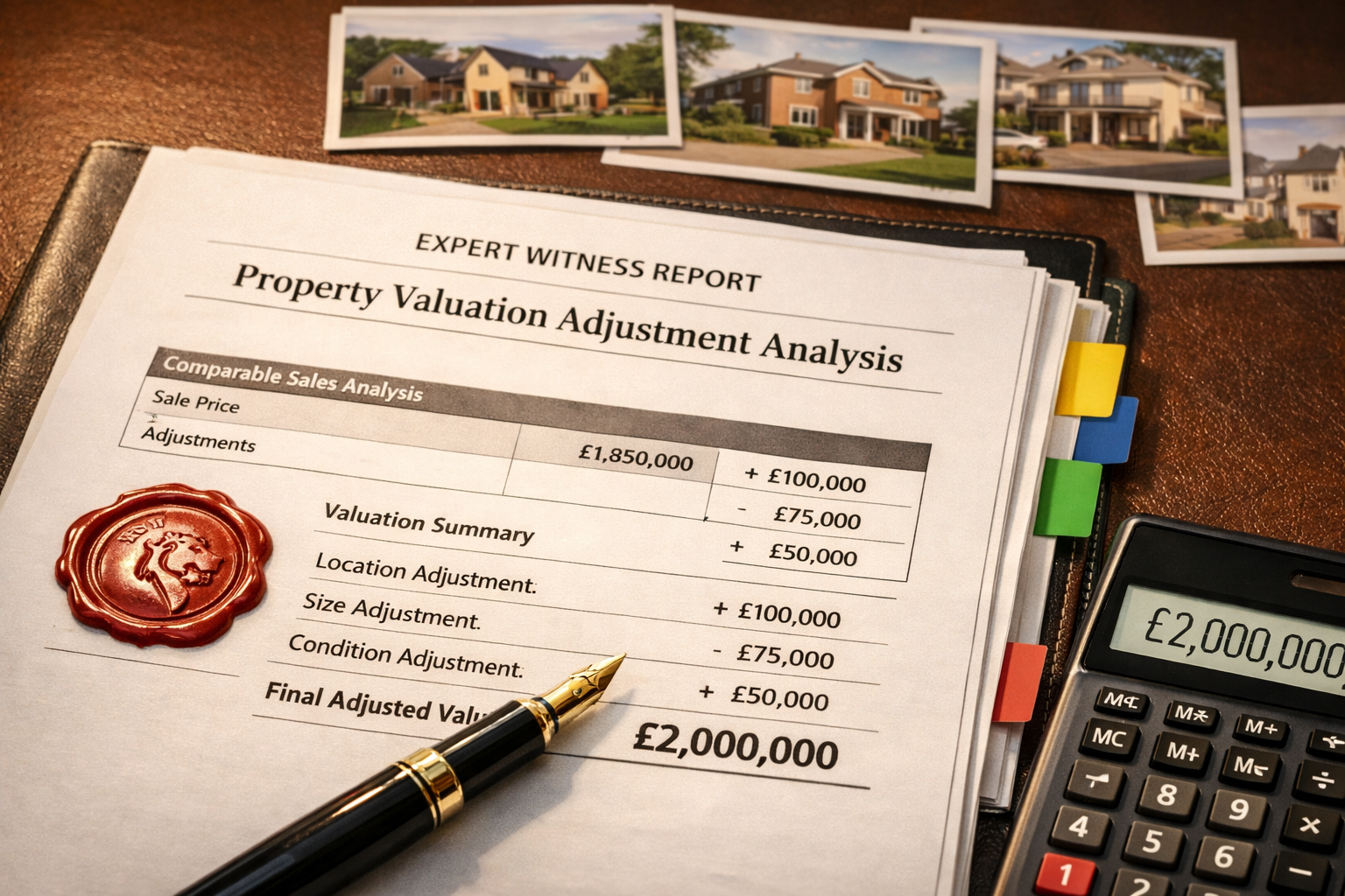 Detailed () image showing close-up of professional expert witness report document with 'Property Valuation Adjustment