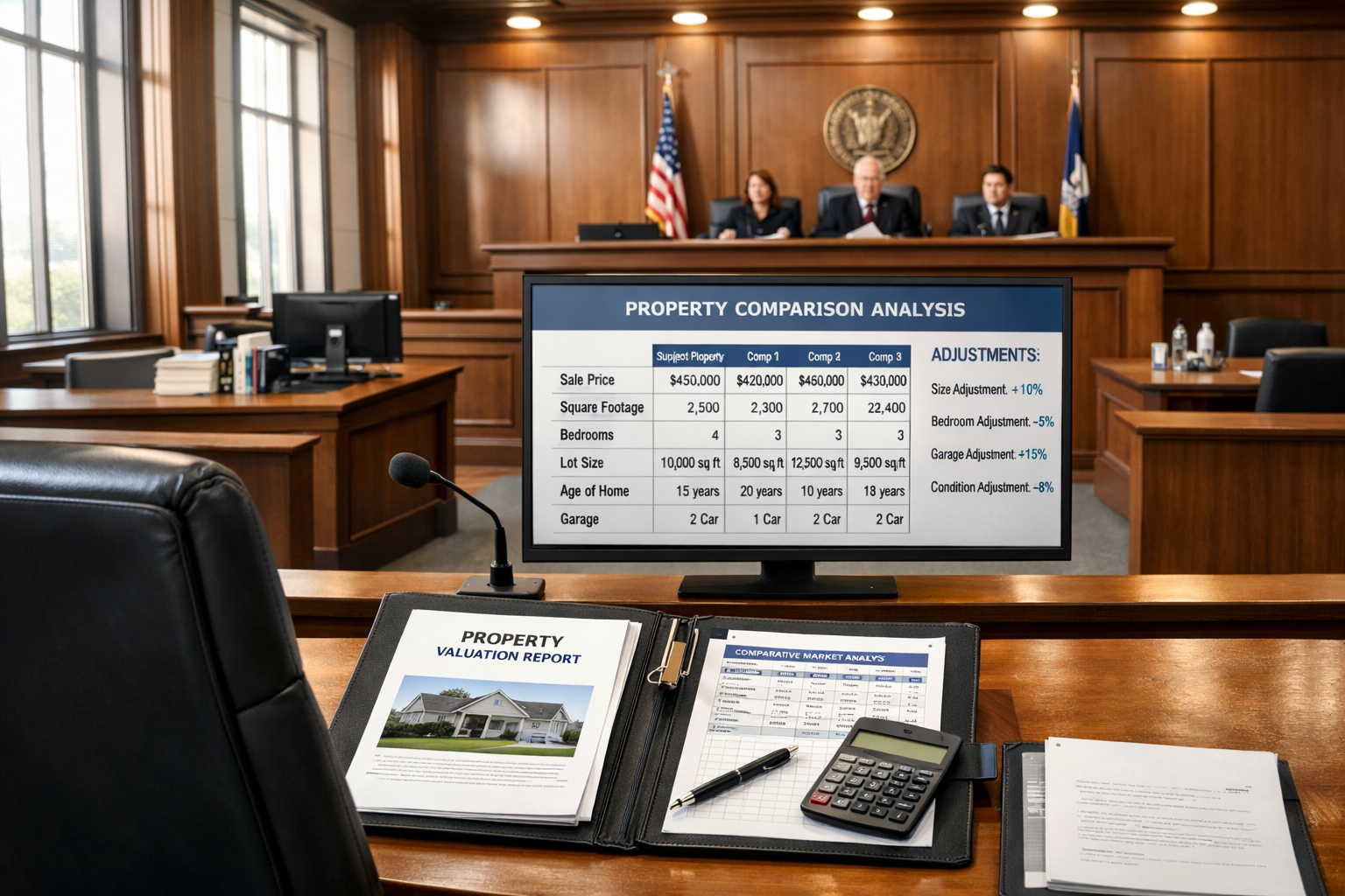 Wide-angle () image depicting modern courtroom or tribunal setting from witness stand perspective, expert witness chair in