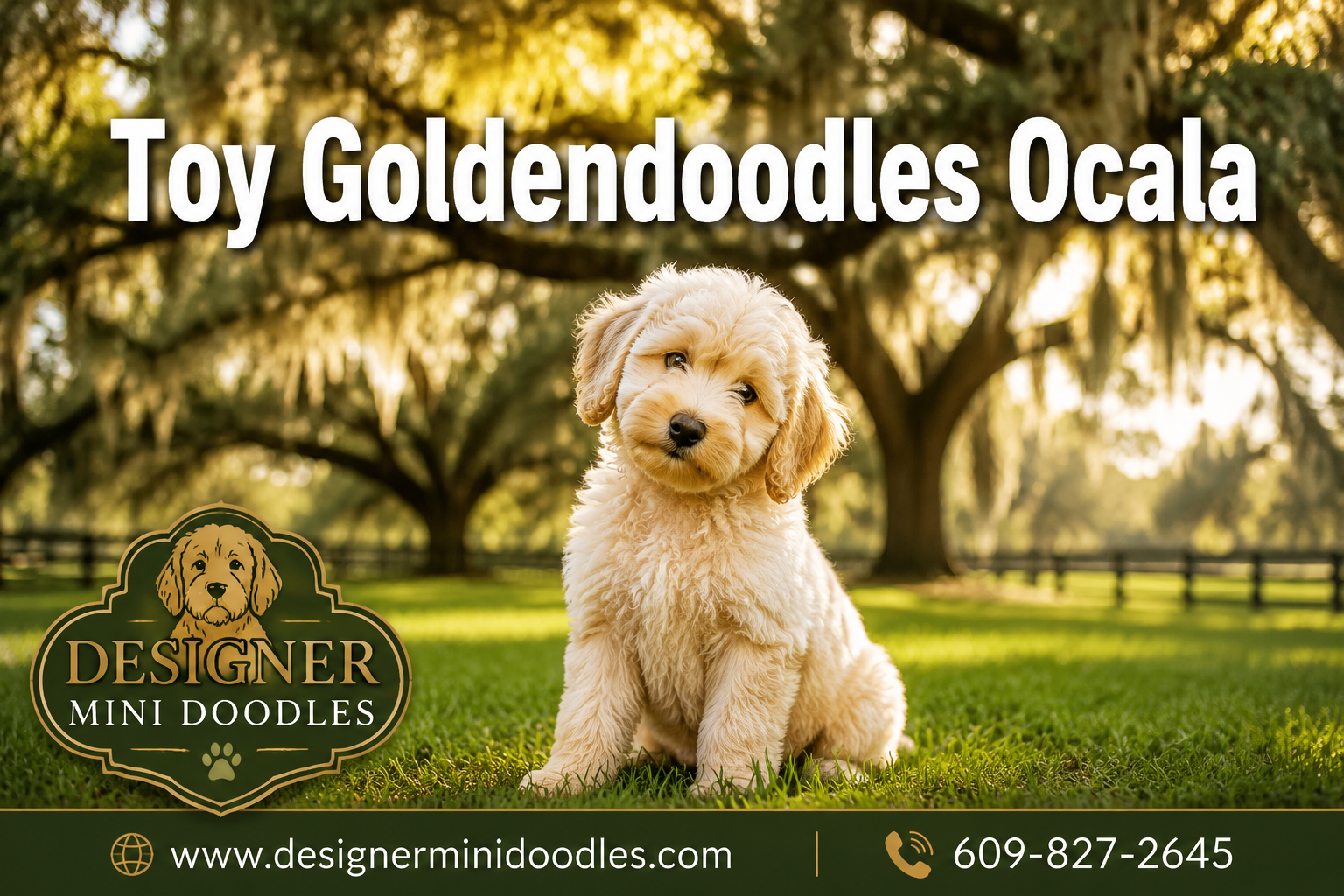 Professional () hero image featuring 'Toy Goldendoodles Ocala' in extra large white with dark effect, centered in upper