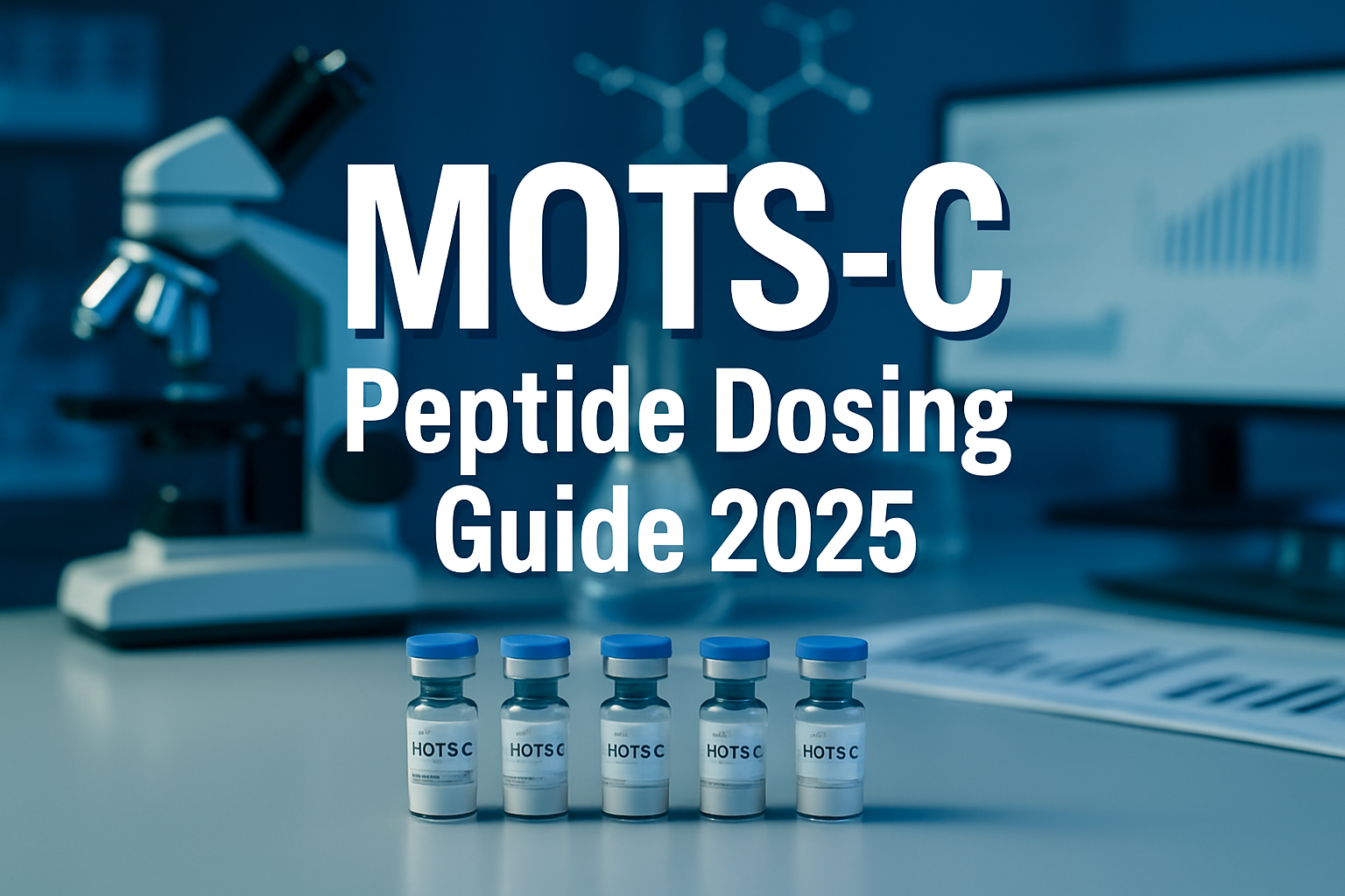 Professional landscape hero image (1536x1024) featuring bold text overlay 'MOTS-C Peptide Dosing Guide 2025' in extra large 72pt white sans-