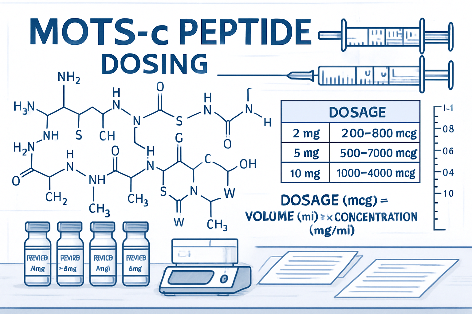 Detailed scientific illustration (1536x1024) showing MOTS-C peptide molecular structure with dosing measurement tools including precision sy