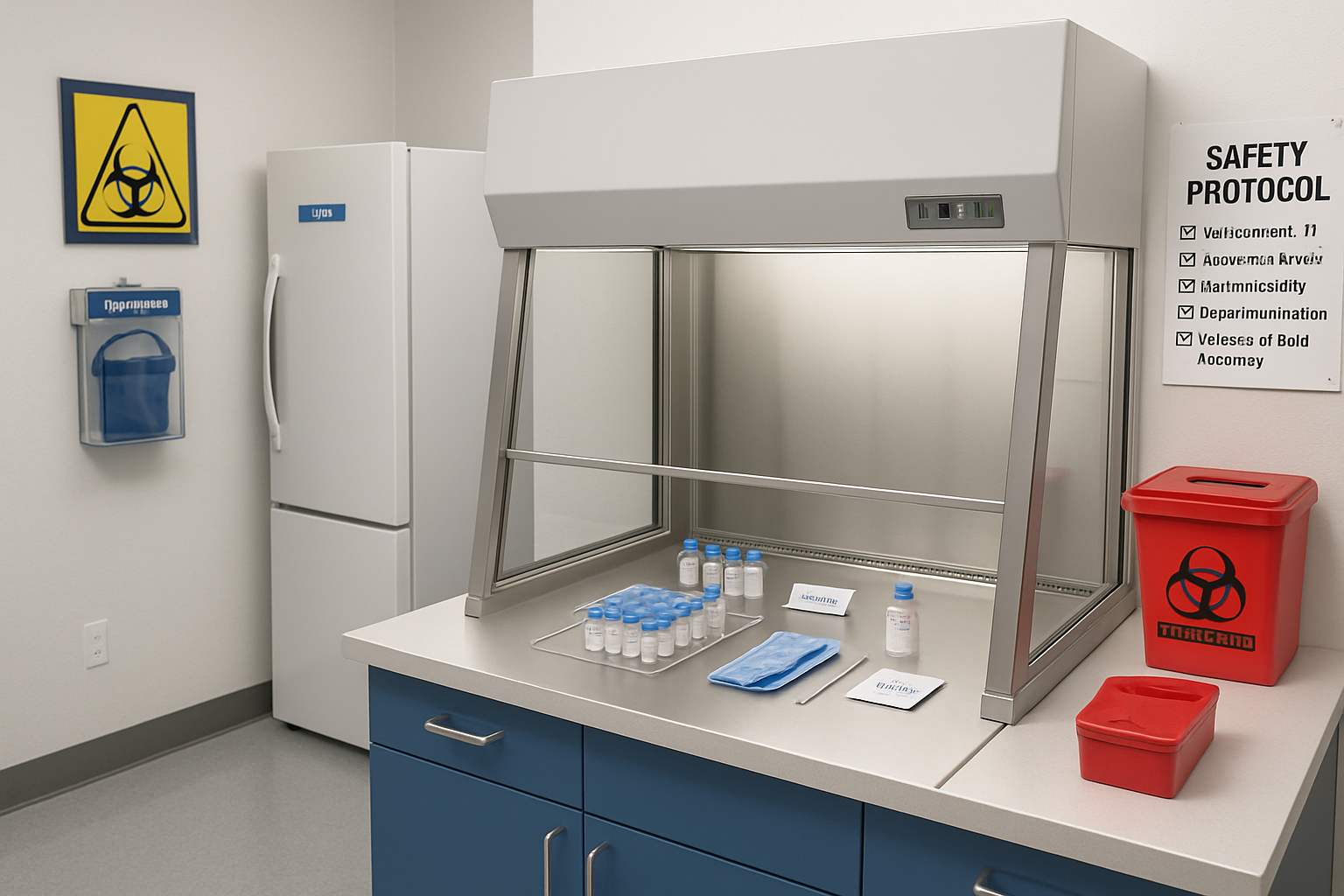 Professional research laboratory scene (1536x1024) featuring safety equipment, proper peptide storage containers at controlled temperatures,