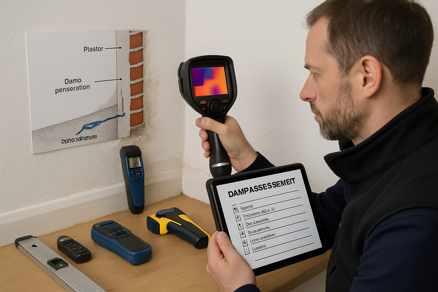Professional surveyor conducting comprehensive damp assessment using advanced moisture detection equipment, thermal imaging camera revealing
