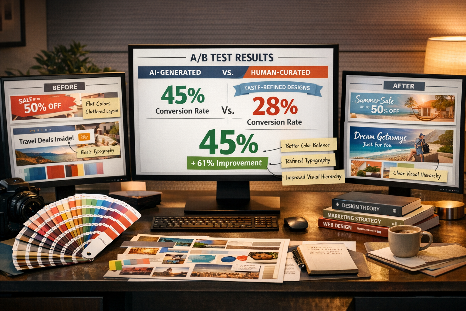 Detailed landscape format (1536x1024) image showing a professional workspace with multiple screens displaying A/B test results comparing AI-