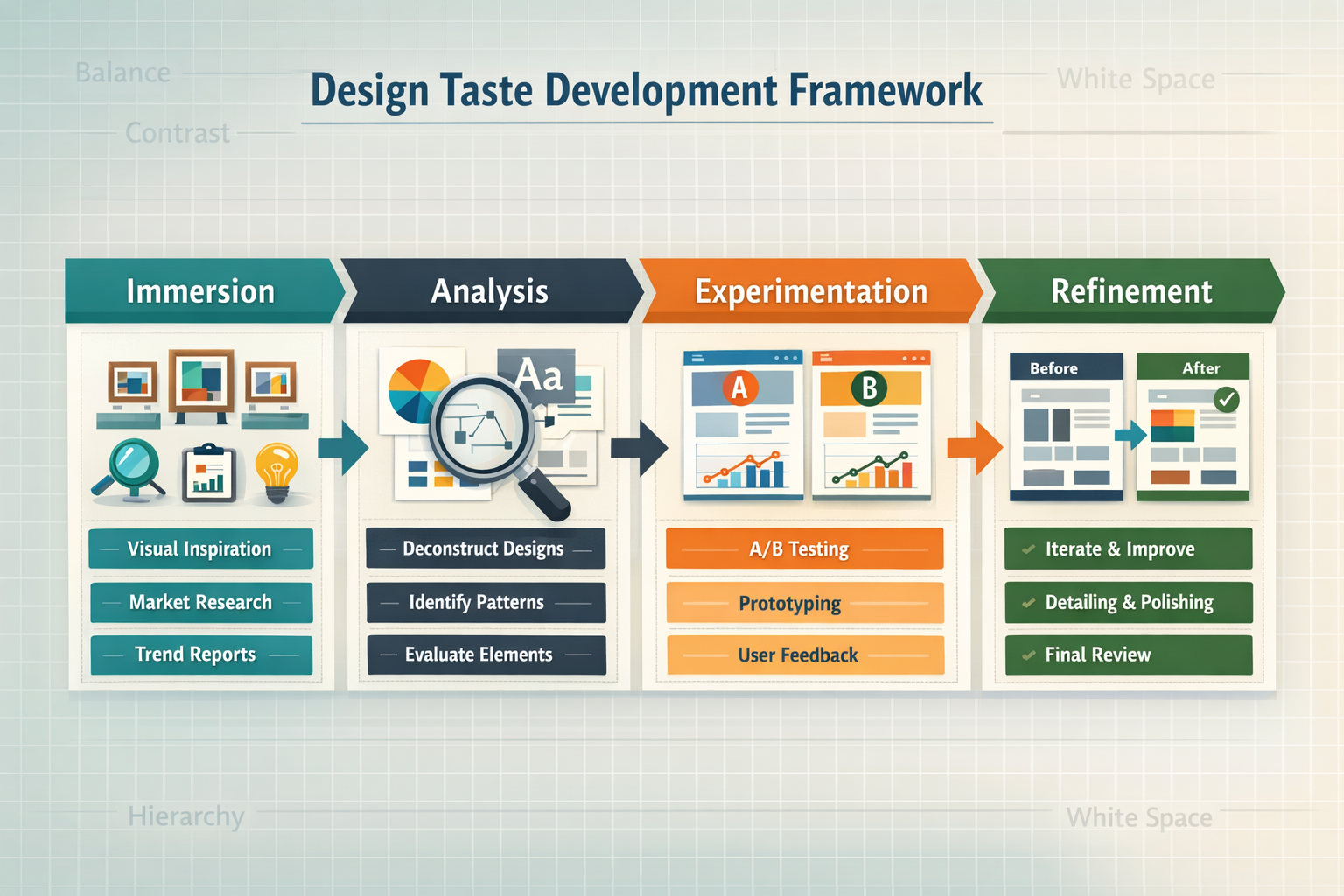 Detailed landscape format (1536x1024) image depicting a comprehensive design taste development framework as an infographic flowchart. Centra