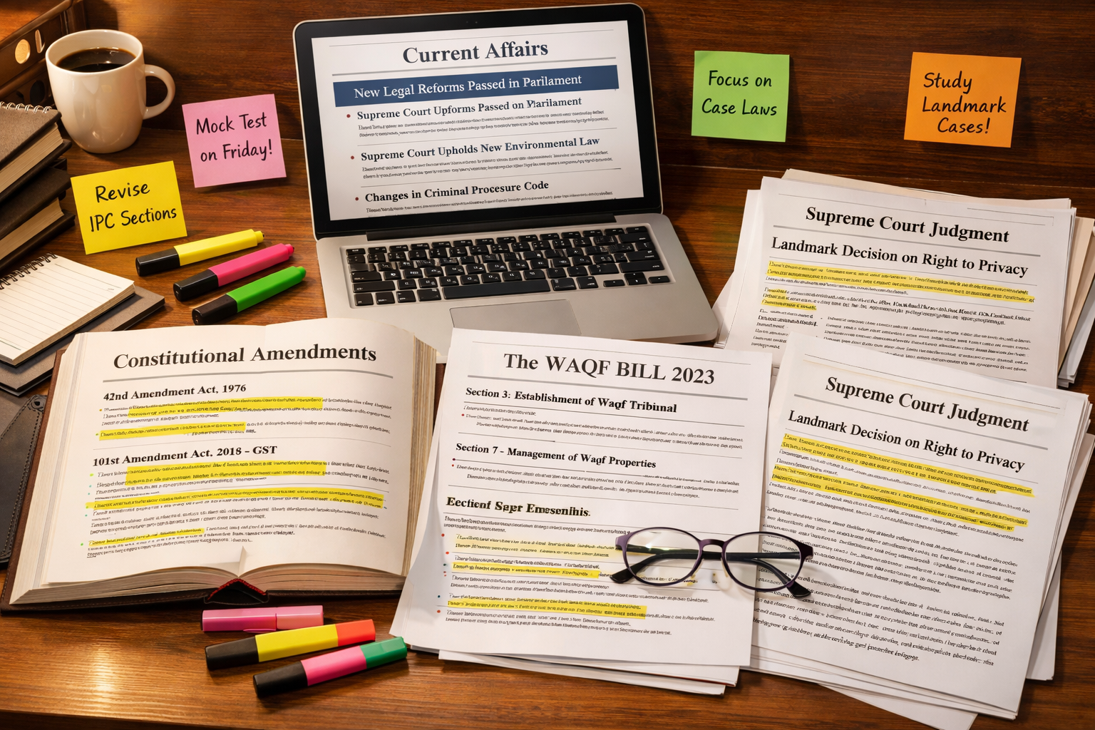 Detailed landscape format (1536x1024) image showing organized study materials for CLAT 2026 preparation including open law books, highlighte