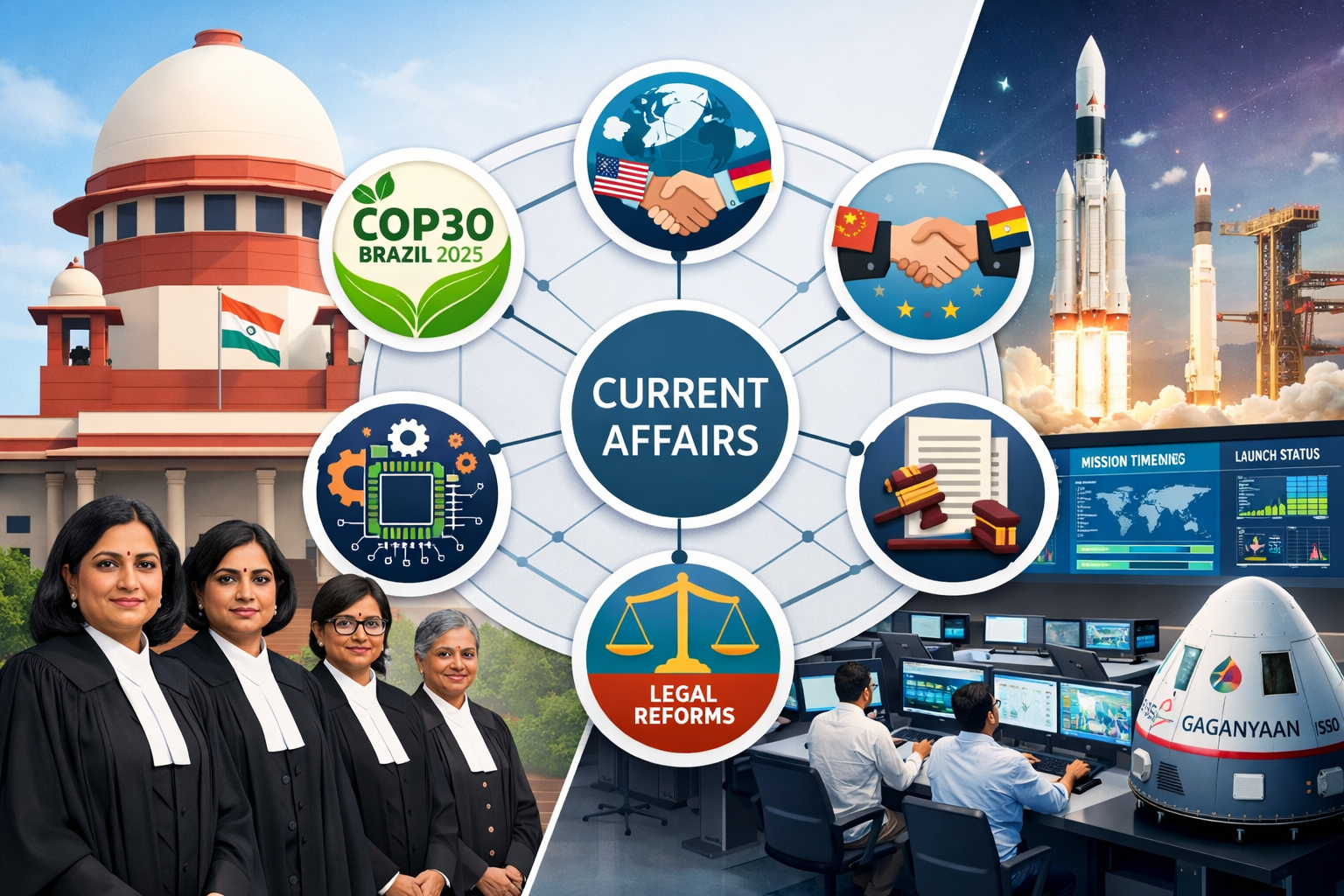 Landscape format (1536x1024) image featuring a split composition showing Indian Supreme Court building on left side with female justices in 