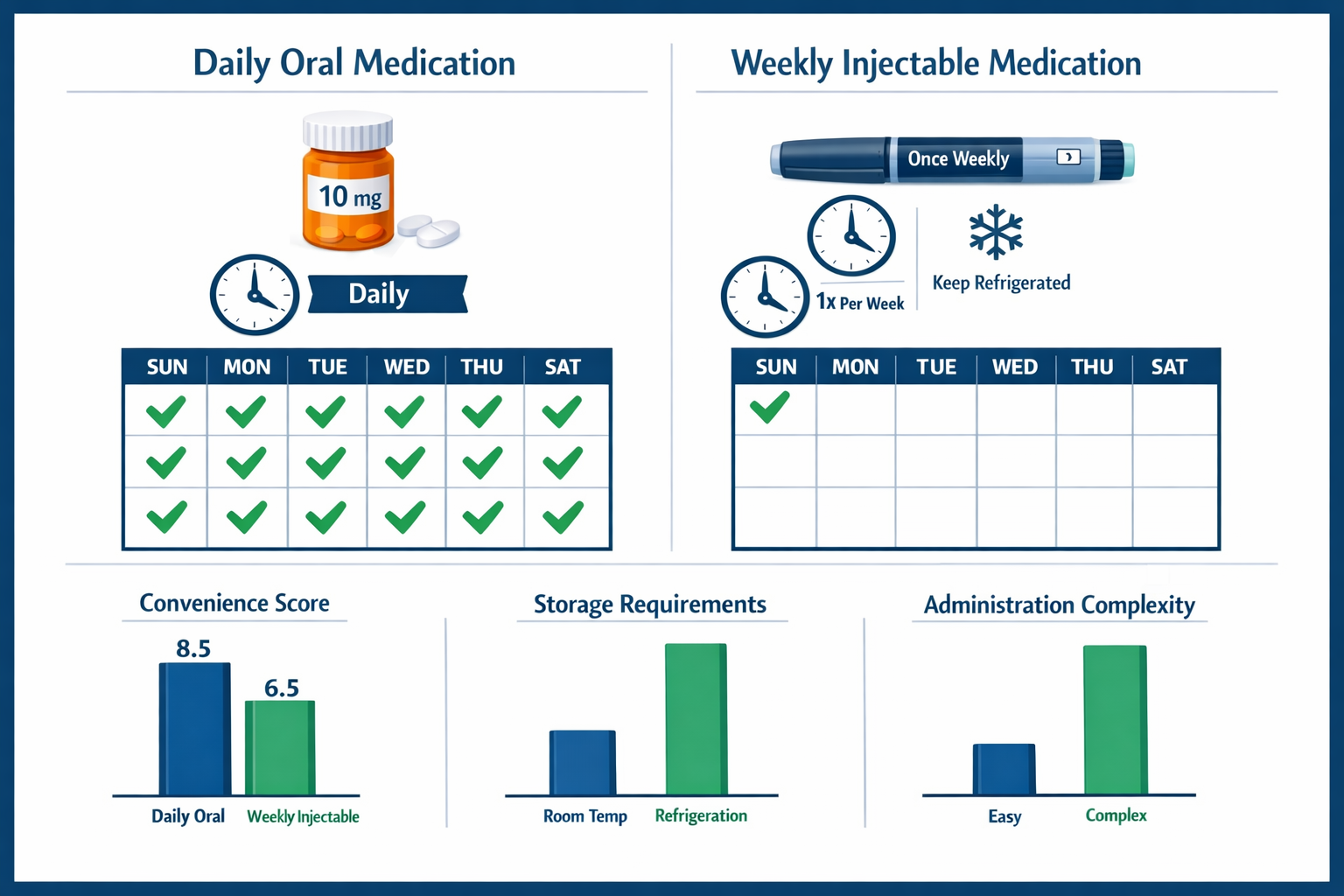 Professional pharmaceutical comparison chart (1536x1024) displaying side-by-side dosing protocols with calendar grid showing oral daily dosi