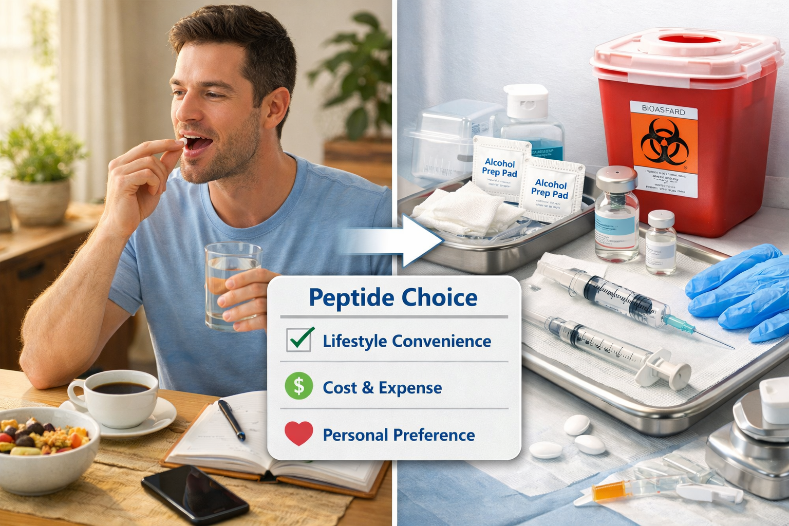 Modern lifestyle comparison scene (1536x1024) split vertically showing two scenarios: left side depicts person taking oral peptide capsule a