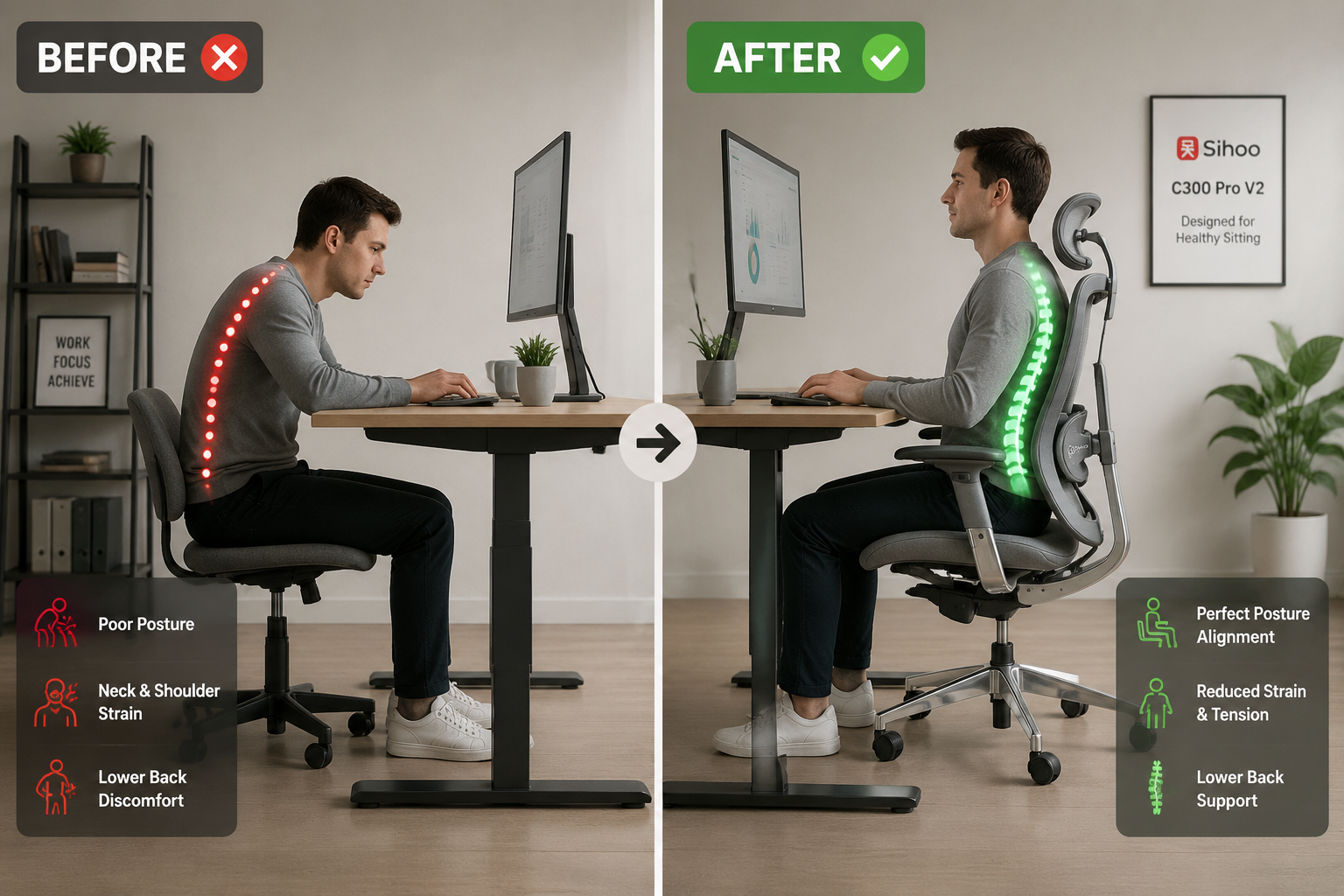 Sihoo C300 Pro V2 Landscape format (1536x1024) side-by-side comparison scene showing a person sitting at a modern standing desk setup on the left with poor posture and a generic chair, versus the same person seated comfortably in the Sihoo C300 Pro V2 ergonomic chair on the right with perfect spinal alignment highlighted by a glowing green spine overlay. Split-panel composition, neutral office background, clinical ergonomics diagram style, soft studio lighting, text labels reading 'Before' and 'After' in bold sans-serif, professional health and wellness editorial aesthetic. How Does the Sihoo C300 Pro V2 Compare to Herman Miller Chairs