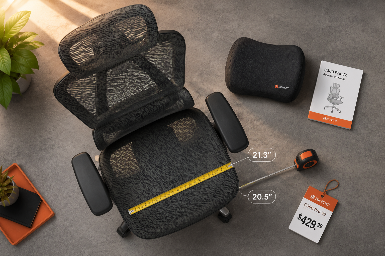 Sihoo C300 Pro V2 Landscape format (1536x1024) overhead flat-lay product photography showing the Sihoo C300 Pro V2 chair from above on a clean concrete floor, surrounded by ergonomic accessories including a lumbar cushion, adjustment guide booklet, tape measure indicating seat dimensions, and a price tag reading '$429.99'. Warm natural light from upper left, minimal styling, e-commerce editorial quality, slate gray background, orange accent props, no people, product review magazine aesthetic with subtle shadow detail. Is the Sihoo C300 Pro V2 Worth the Money