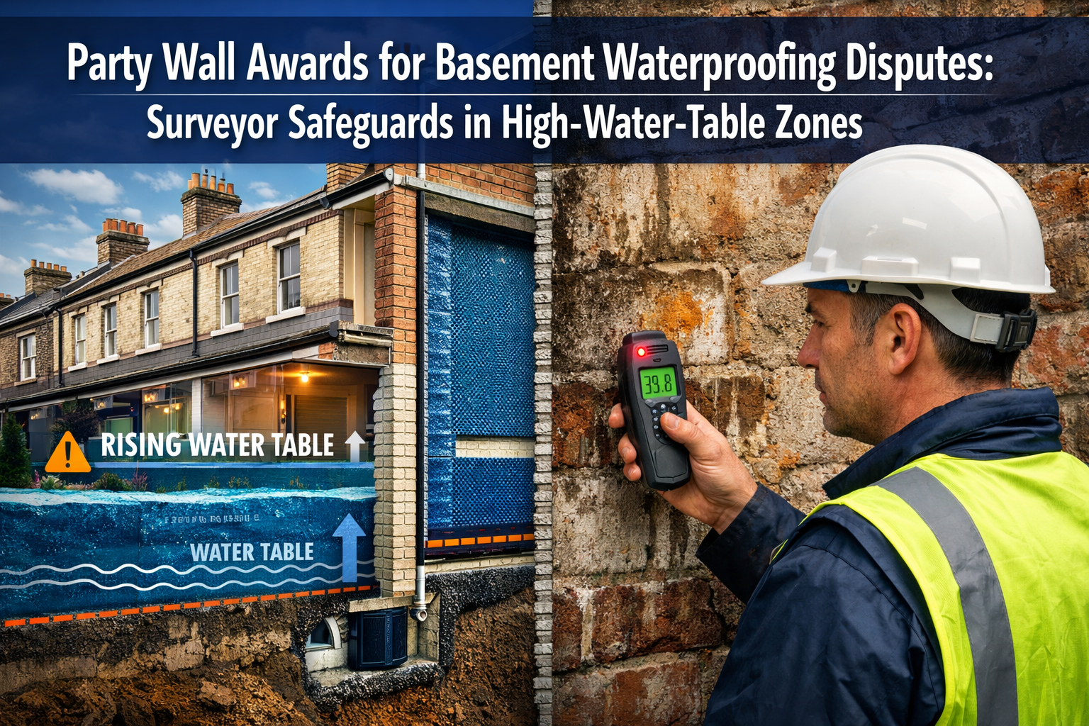 Professional () hero image with 'Party Wall Awards for Basement Waterproofing Disputes: Surveyor Safeguards in
