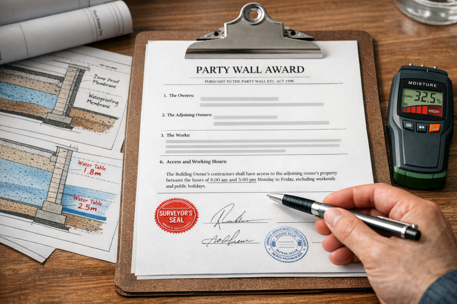 Detailed () image showing close-up of party wall award document on clipboard with official stamps and signatures, positioned