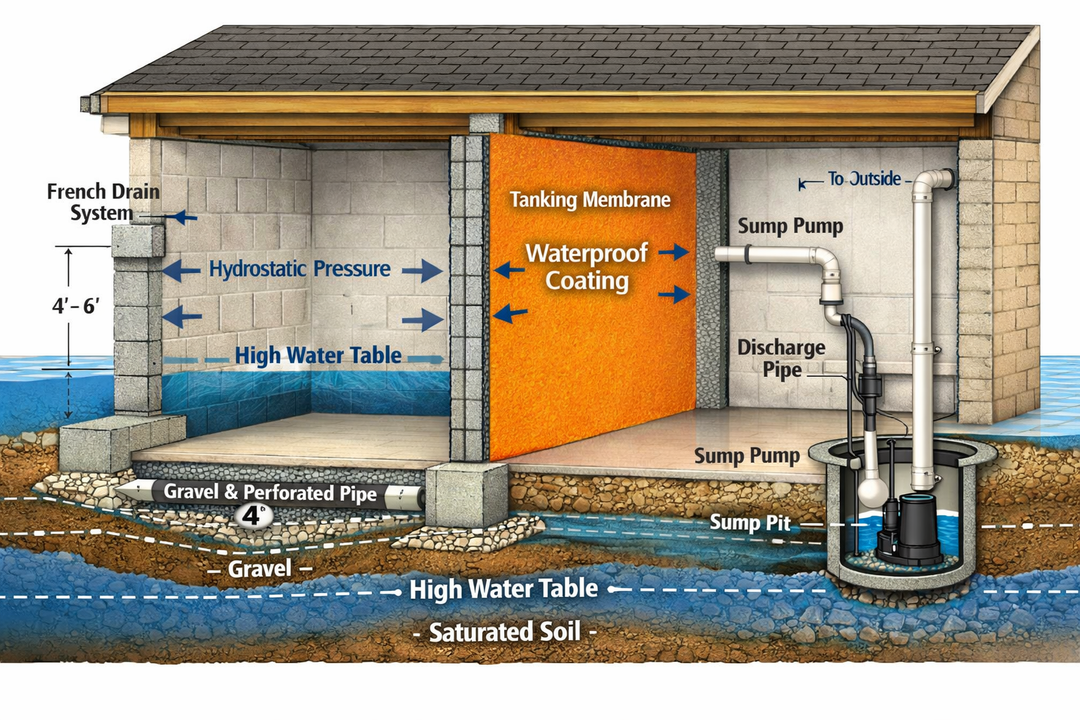 Wide-angle () image depicting underground basement cutaway view showing high water table scenario with blue-tinted water