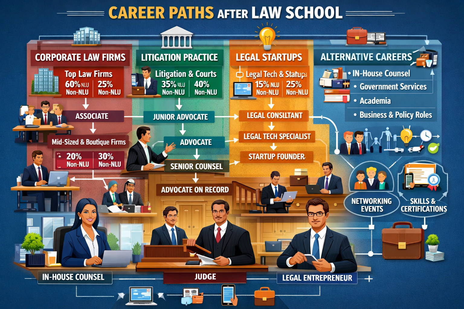 Detailed career progression flowchart displaying multiple pathways from law school to professional success, showing corporate law firms, lit