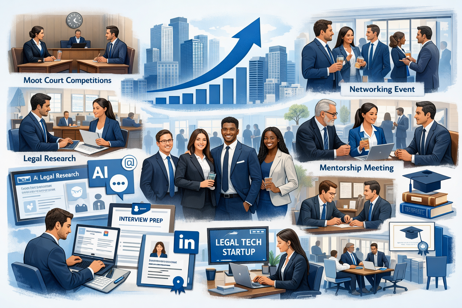 Comprehensive skill development visualization featuring law students engaged in various professional activities including moot court competi