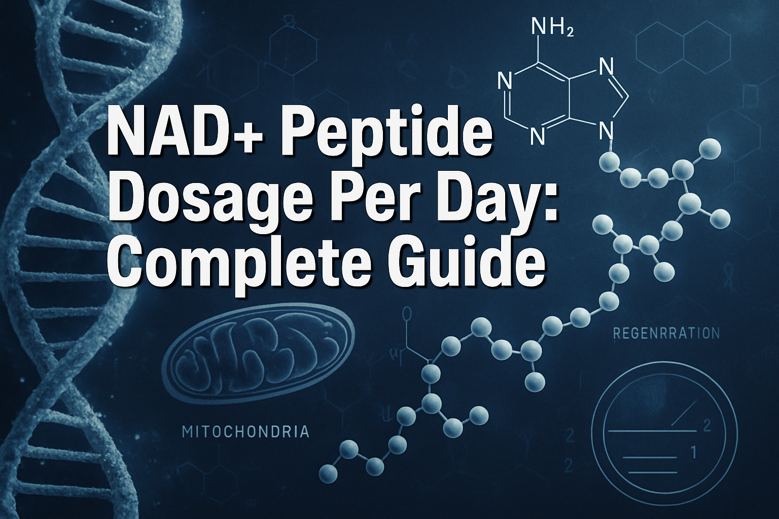 Professional landscape hero image (1536x1024) featuring bold text overlay 'NAD+ Peptide Dosage Per Day: Complete Guide' in extra large 72pt 