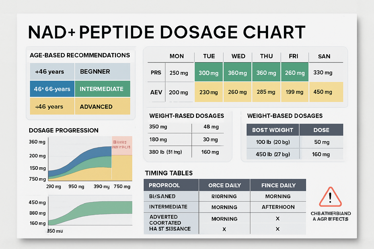 Comprehensive dosage chart displaying various NAD+ peptide protocols with age-based recommendations, body weight calculations, and administr