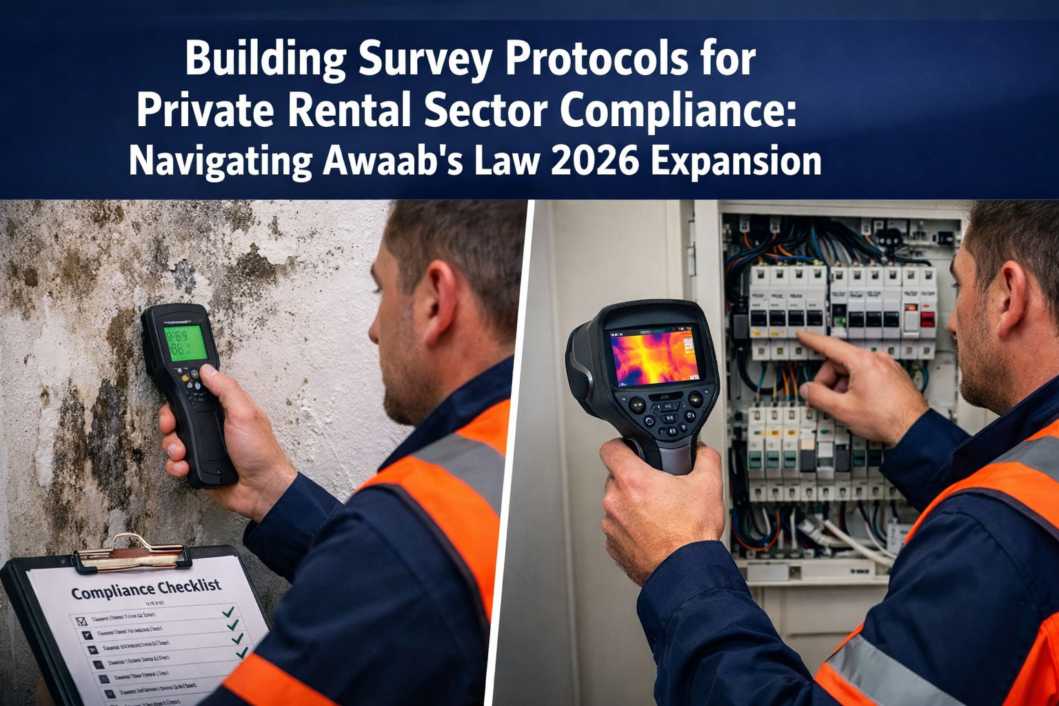 Professional () hero image with 'Building Survey Protocols for Private Rental Sector Compliance: Navigating Awaab's Law 2026