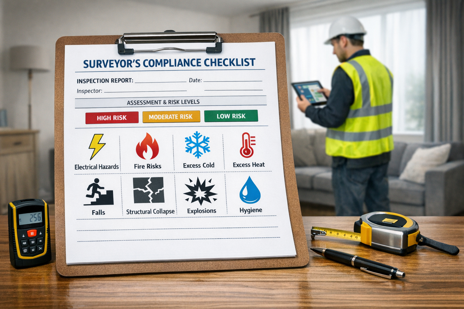 Detailed () image showing comprehensive surveyor's compliance checklist document in foreground with eight hazard category
