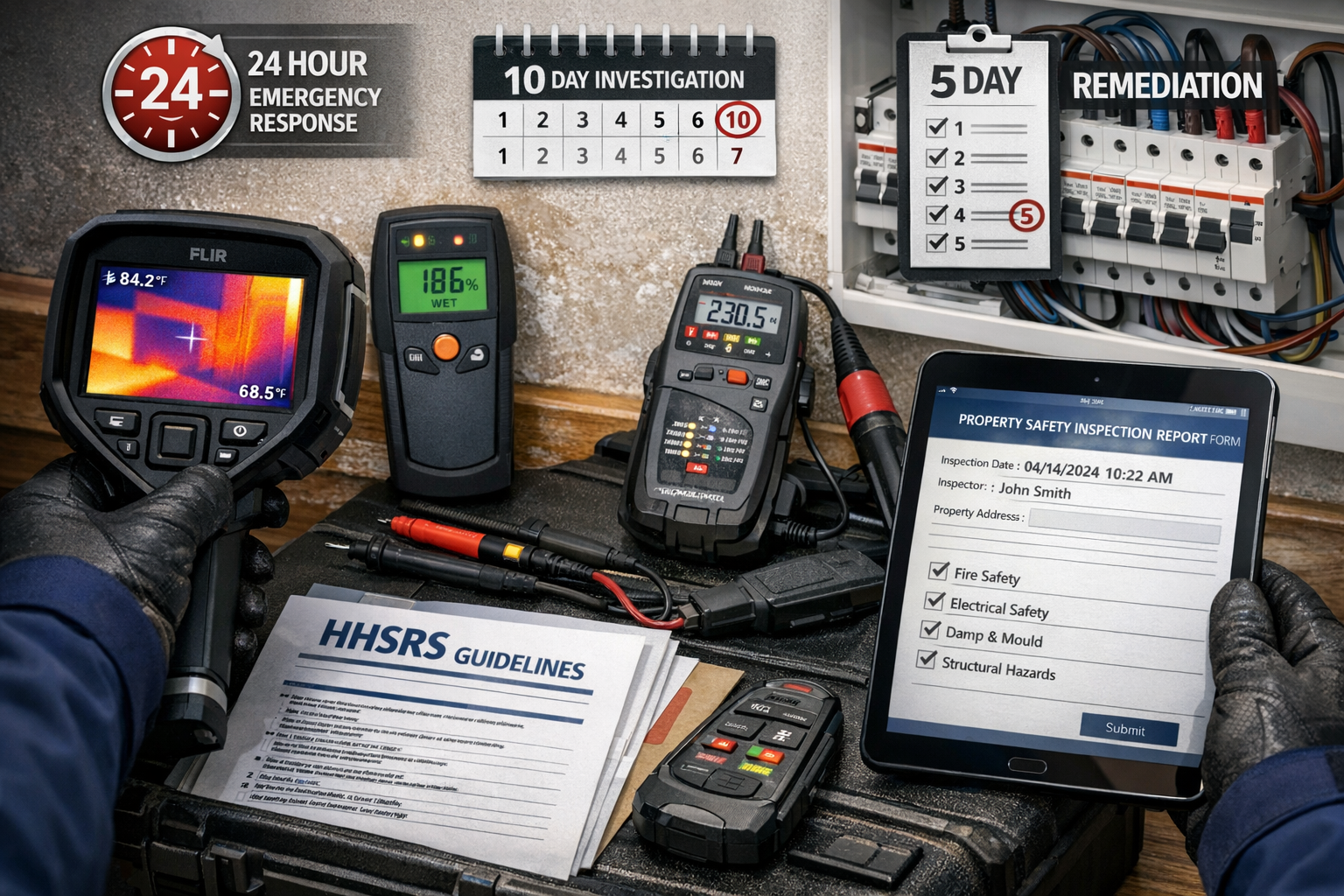 Detailed () image showing professional surveyor conducting multi-hazard inspection with advanced detection equipment.