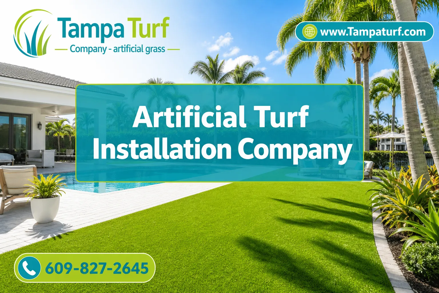 Professional () editorial hero image with SHORT (≤42 chars): 'Artificial Turf Installation Company', crisp white on a