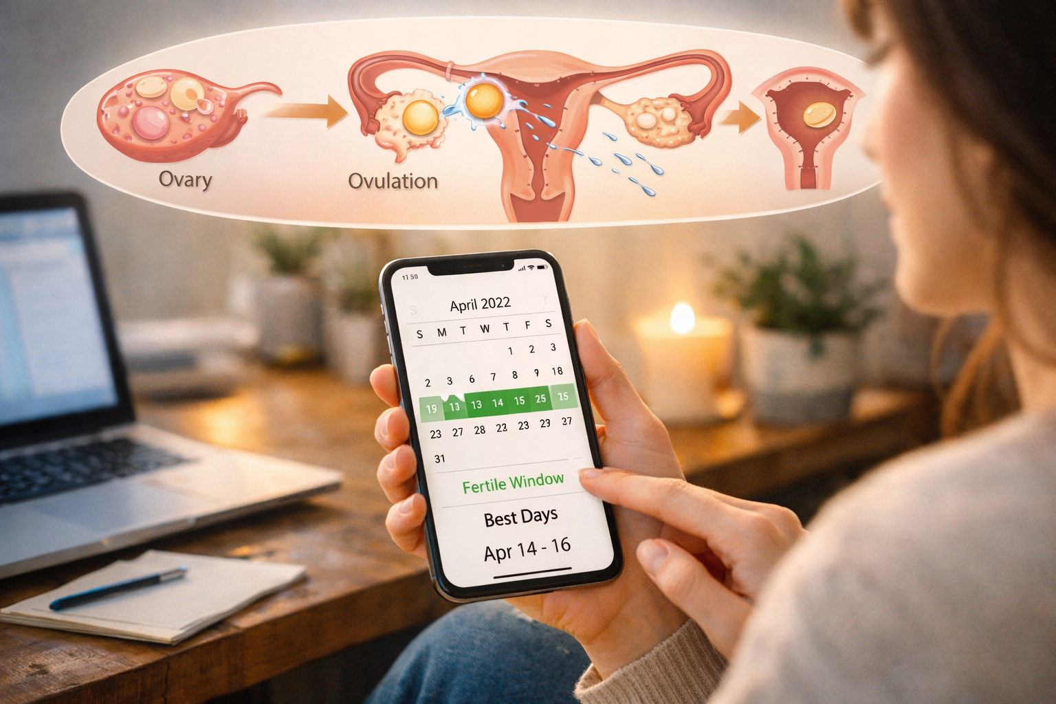 () image illustrating a woman tracking her cycle with a fertility app on a smartphone, showing a clear calendar view with
