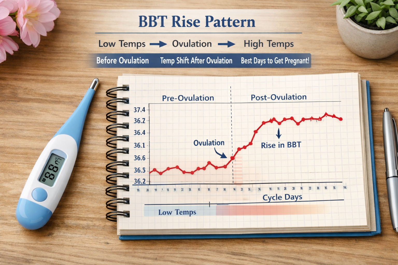 () image featuring a close-up of a basal body thermometer alongside a small notebook with a BBT chart showing a distinct