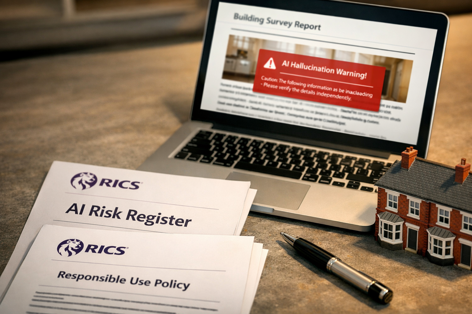 Close-up overhead shot of a professional desk with RICS-branded documents labeled 'AI Risk Register' and 'Responsible Use